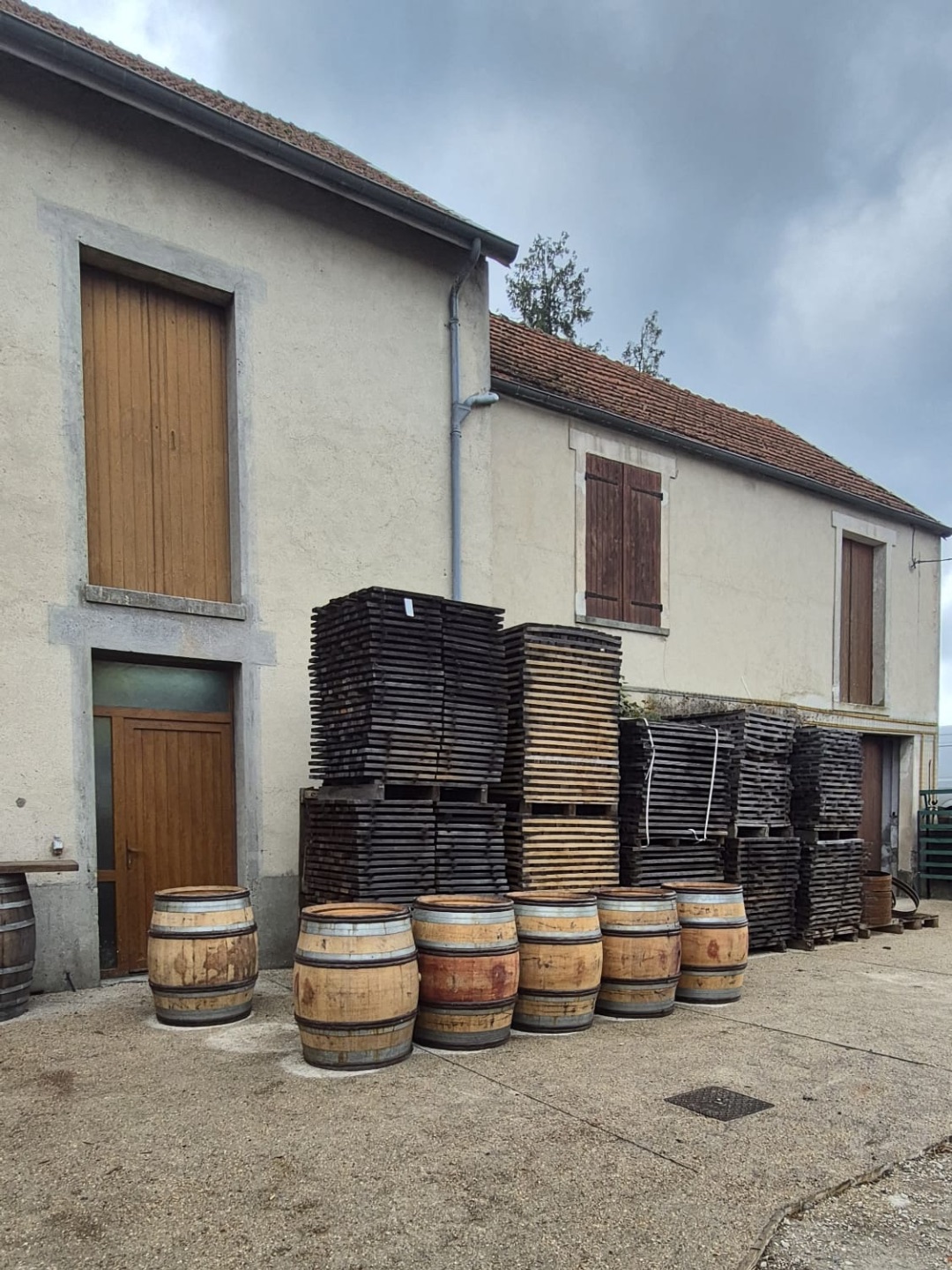 Fûts et douelles de chêne dans la cour de l'atelier